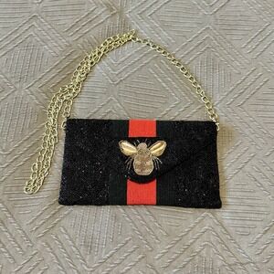 Pria Handcrafted Bee Envelope Black‎ Clutch NWOT Beaded Wallet